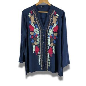 ANDREE 3/4 Sleeve Embroidered Boho Button-front Tunic SMALL